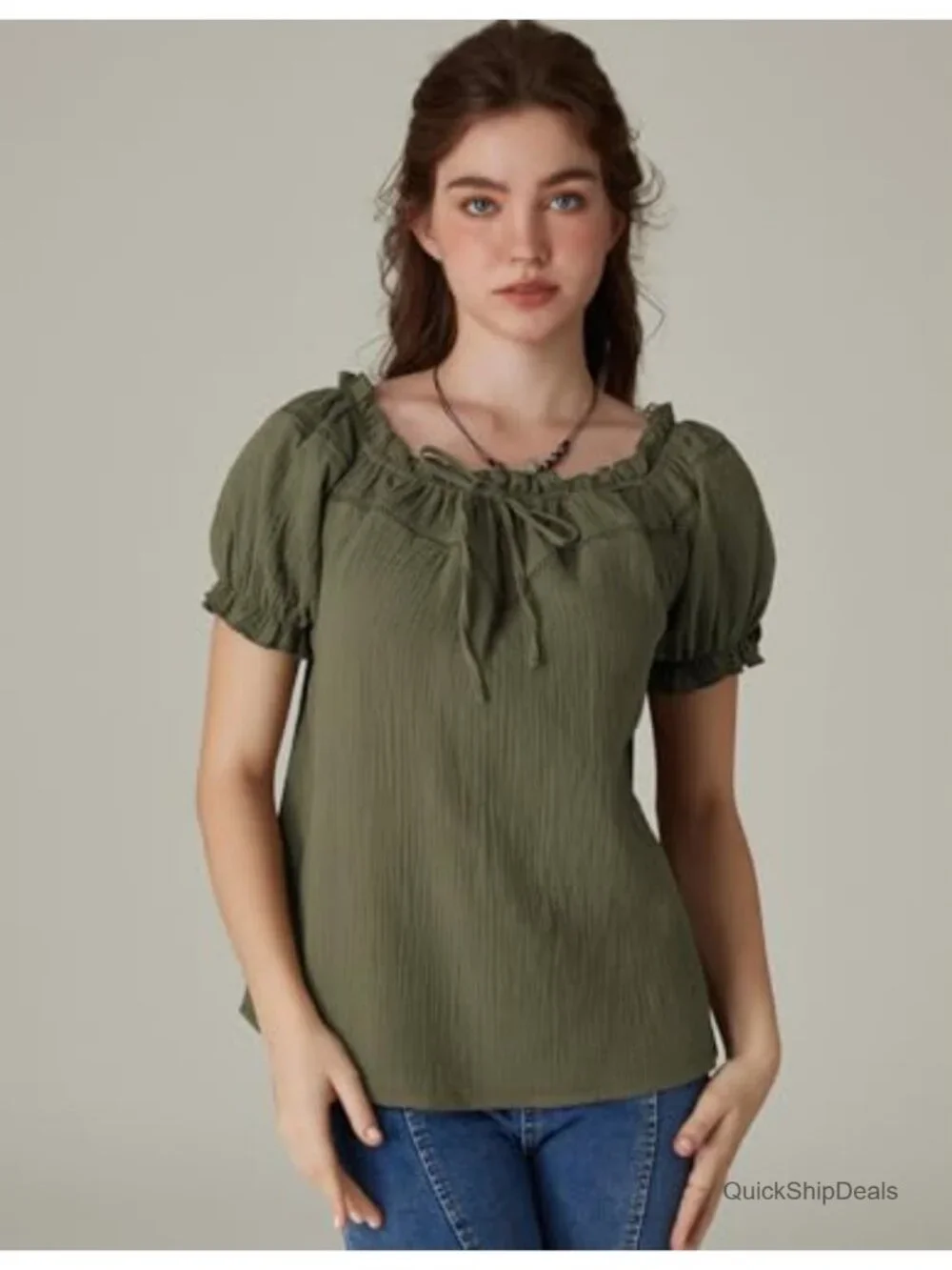 Off Shoulder Peasant Blouse Puff Sleeve Cotton Loose Summer Top